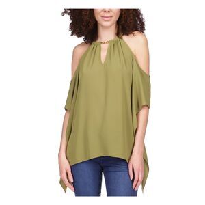 MICHAEL MICHAEL KORS Womens Green Back Handkerchief Hem Elbow Sleeve Top XXS